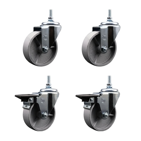 Service Caster 4 Inch Semi Steel 38 Inch Threaded Stem Caster Set 2 Brakes SCC SCC-TS20S414-SSS-381615-2-PLB-2